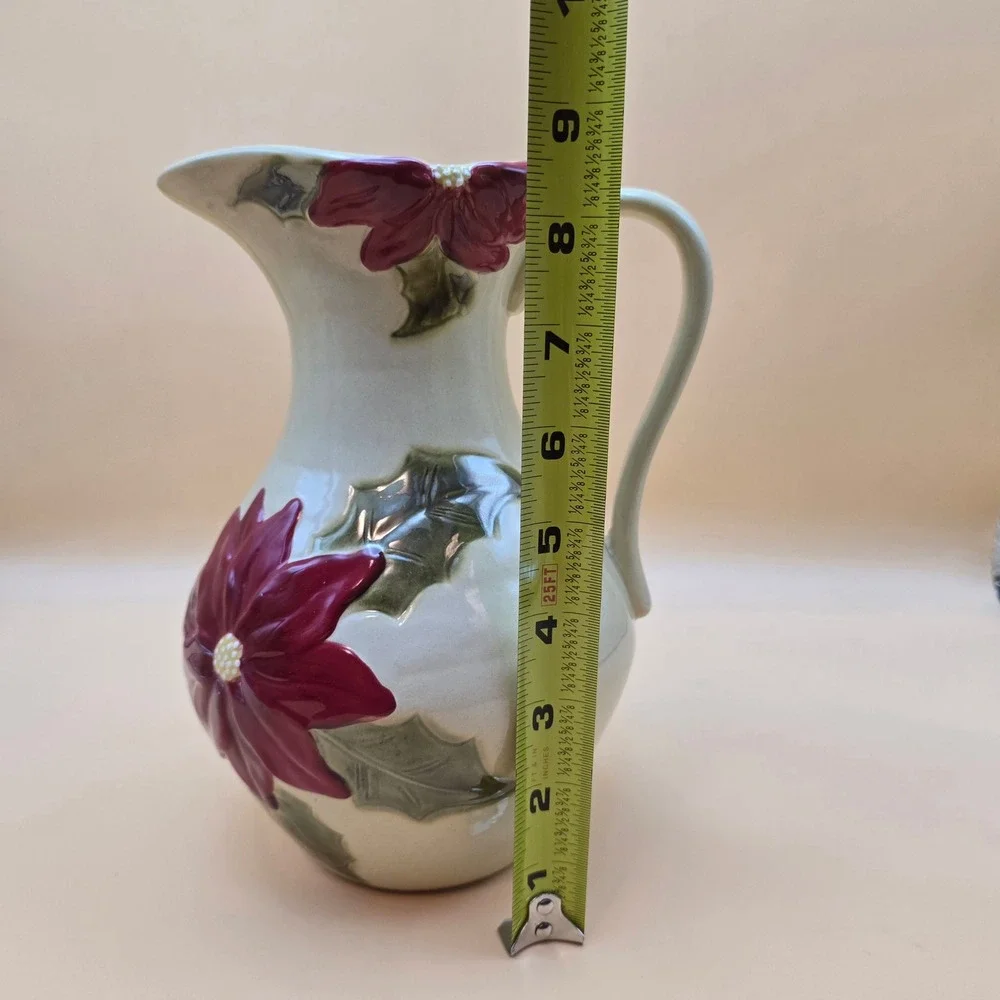 Christmas Poinsettia Ceramic Pitcher Red Green‎ Holiday Floral Serving Vase 8.5